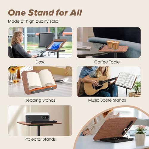 2 in 1 Adjustable Music Stand for Sheet Music, Dual Use Desktop and Floor, Book Stand with Tray & Elastic Page Clips for Music Sheet, Recipe, Tablet, Laptop Height Adjustable 23.5-52 in (Walnut)