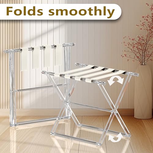 Acrylic Luggage Rack for Guest Room,Folding Luggage Rack with Leather Straps,Holds up to 120 lbs Suitcase Stand for Bedroom, Living Room and Hotel (Beige Leather)