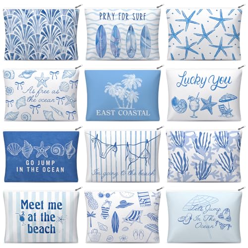 Reginary 12 Pcs Beach Themed Gifts Ocean Cosmetic Bags Coastal Makeup Bags | Seashell Portable Travel Toiletry Pouches for Women, Nautical Party Favor, Vacation Travel Supplies, Bachelorette Accessories - style: Coastal