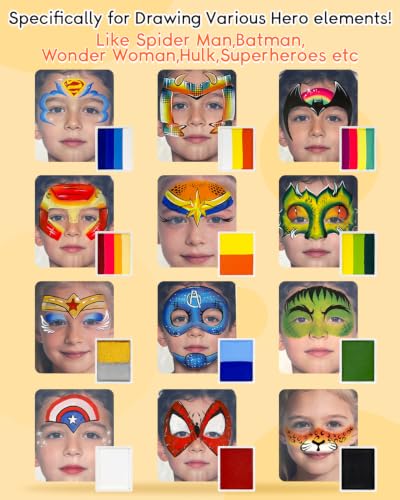 Anka Bella Face Paint Kit for Kids – 12 Colors Water Based Face Paint Palette with Brushes & Stencils, Non Toxic Washable Body Paint for Halloween, Birthday Party, Carnival, Cosplay Makeup - color: HeroVibe Palette