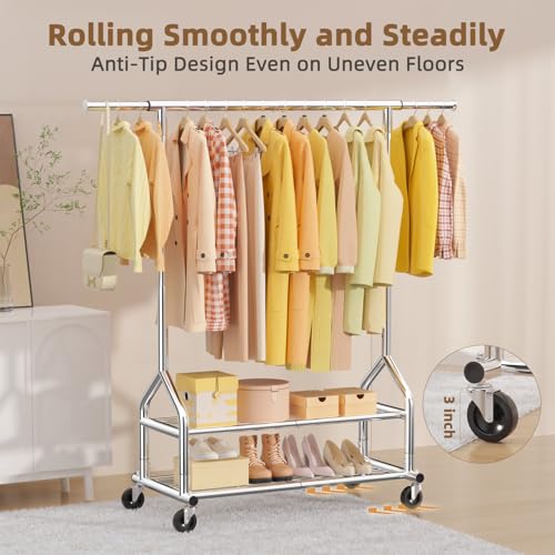 EAGMAK Heavy Duty Clothes Rack Load 556 LBS, Rolling Clothing Rack With Shelves, Height Adjustable Metal Clothes Hanger with Wheels Portable Wardrobe Organizer Garment Rod for Hanging Clothes (Silver) - color: Silver, style: 2 Shelves