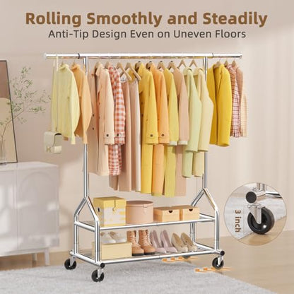 EAGMAK Heavy Duty Clothes Rack Load 556 LBS, Rolling Clothing Rack With Shelves, Height Adjustable Metal Clothes Hanger with Wheels Portable Wardrobe Organizer Garment Rod for Hanging Clothes (Silver) - color: Silver, style: 2 Shelves