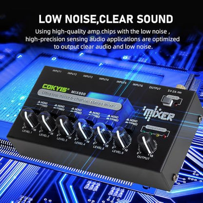 COKYIS Mini Audio Mixer, 6-Channel Stereo Line Mixer for Precision Sub-Mixing, with Ultra Low-Noise Operation, Independent Microphone Control, 1/4" TRS Input/Output-for Guitars, Bass, Stage Mixer