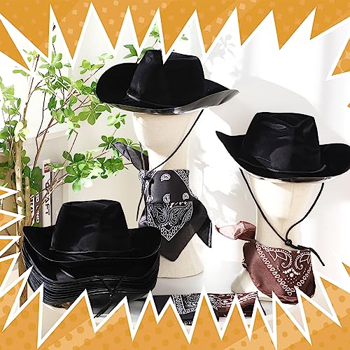 Hillban 48 Pack Cowboy Hats and Bandanas Set, Felt Plastic Cowgirl Hats for Women Men Cowboy Western Party Supplies (Black, Brown) - color: Black, Brown