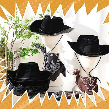 Hillban 48 Pack Cowboy Hats and Bandanas Set, Felt Plastic Cowgirl Hats for Women Men Cowboy Western Party Supplies (Black, Brown) - color: Black, Brown