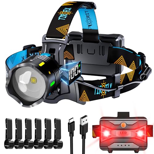 12 Modes 210000 Lux Headlamp Motion Sensor Red Warning Adjustable Focus Energy Saving, More Than 30Dys Standby Head Lamp, IP65 Waterproof and 125° Angle for Camping Outdoor Hardhat