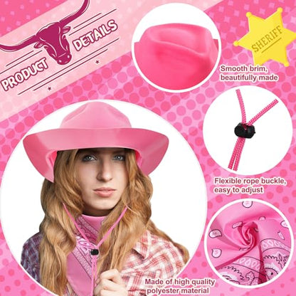 Hillban 48 Pack Cowboy Hats and Bandanas Set, Felt Plastic Cowgirl Hats for Women Men Cowboy Western Party Supplies(Pink, White) - color: Pink, White