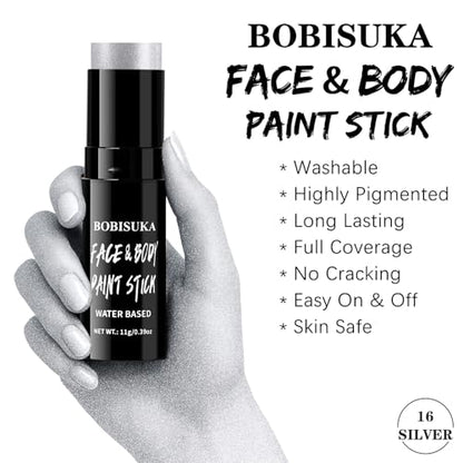 BOBISUKA Metallic Silver Face Paint Stick, Highly Pigmented Full Coverage Washable Cream Face & Body Paint for Halloween Skull Goth Robot Galaxy Cosplay SFX, Sports Eye Black Looks & Costume Party - color: Silver