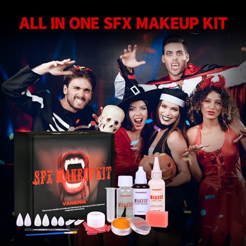 VANERIA Halloween Vampire Makeup Sfx Kit,Liquid Latex+Scar Wax+Fake Blood Capsules+Vampire Fangs+Scar Oil+Painting Brushe+Spatula+Stipple Sponge,Special Effects Makeup Kit Professional