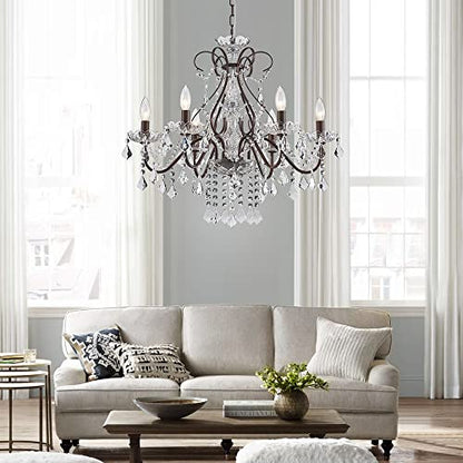 Saint Mossi 6 Light Crystal Chandelier Light Fixture Modern Chandelier Crystal Lighting, Crystal Pendant Raindrop Chandelier for Dining Room,Bedroom,Living Room,H23 x D24, 6-Light - color: Dark Brown