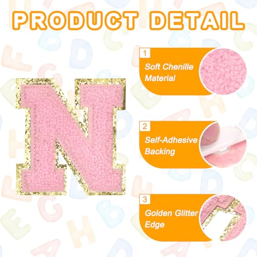 MECCANIXITY Chenille Letter Patches 2.2" Self Adhesive Alphabet N Stick on Embroidered Patch Sew on Letter Stickers Applique for Repairing Clothing Jeans Shoes Hats DIY(Pink, Pack of 6) - style: Letter-N