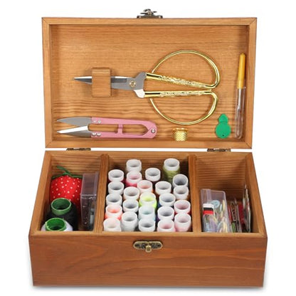 Wooden Sewing Kit Box Wooden Hand Home-Sewing Repair Tool Kits Wooden-Sewing Box with Cute Sewing Accessories Supplies for Adults, Women, Men Universal Home Repair Tool Kit