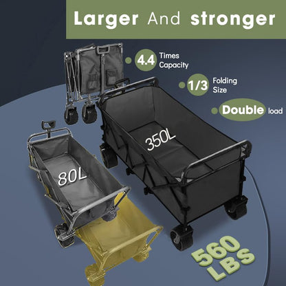 350L Large Capacity Foldable Wagon with Brakes, 560lbs Heavy Duty Collapsible Wagon Cart with Push Handle All-Terrain Big Wheels for Camping, Sports, Shopping, Beach - size: 350L