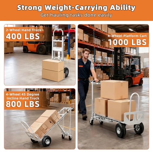 Aluminum 4 in 1 Convertible Hand Truck Dolly, 1000Lbs Capacity, Heavy Duty Folding Hand Truck Dolly Cart with Wheels 10" All-Terrain Tires, Hand Trucks for Logistics, Home, Office, School, Silver - color: Silver