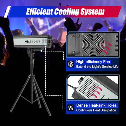200W LED Follow Spotlight Stage Light, AC 110V Adjustable Aperture LED DJ Performance Lights with Stand, Manual Control Follow Spot Light DJ Wash Light w/Stand