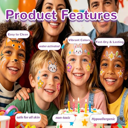 Face Painting Kit for kids, 52 Colors Professional Face Paint Makeup Kit Non-Toxic Water Activated Facepaint Palette, glitter gel, brushes, sponges, stencils for party Halloween School Event Festivals