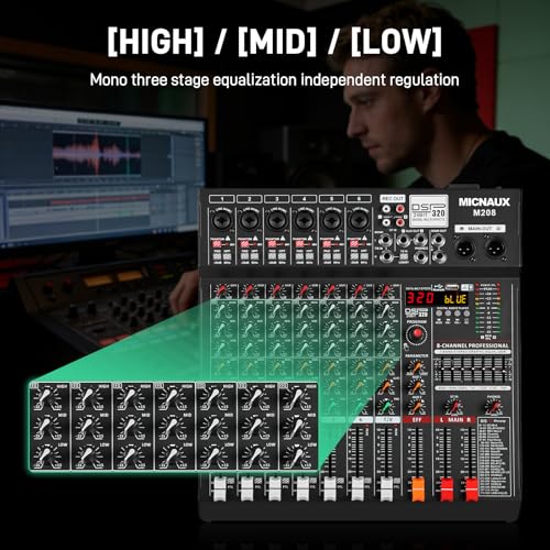 Audio Mixer 8 Channel Professional Sound Console Music Mixer with 320 DSP Effects, 7-band EQ DJ Mixing Board w/USB, Bluetooth, 48V Power Supply, PAD Button for Recording Karaoke PA Drum Live - size: 8 Channel - 13.3in