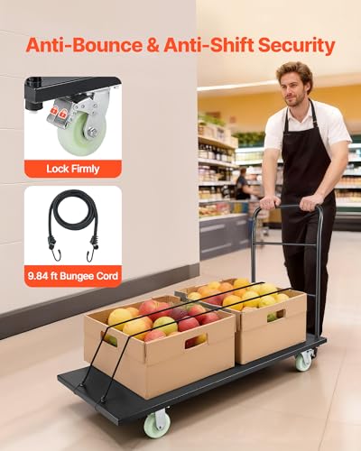 VEVOR 2000 LBS Heavy Duty Platform Truck, Upgraded Version with Larger Deck (60" x 28"), Industrial Steel Flatbed Cart with Swivel Wheels, Push Cart Dolly for Warehouse/Garage/Moving/Garden - size: 60.0 x 27.6 x 42.9 in/1525 x 700 x 1090 mm