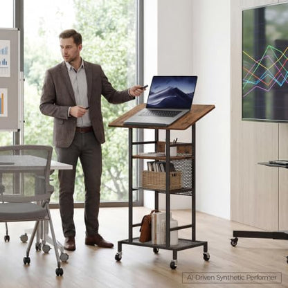 MAHANCRIS Podium Stand with Locking Wheels, 4-Tier Mobile Lectern with Storage Shelves and Non-Slip Lip, for Classroom, Church, Conference Standing Desk, Rustic Brown and Black LPHR6001 - color: Rustic Brown and Black