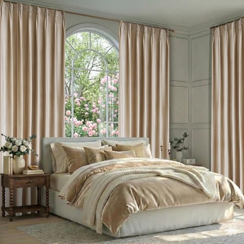 Beige Champagne Velvet Curtains 96 Inch: Living Room Pinch Pleated 2 Panels Luxury Darkening Thermal Insulated Drape with Hooks- Elegant Soundproof Noise Reducing Back Tab Window Curtain for Bedroom - color: Pinch Pleated | Beige/Champagne, size: 40"W x 9