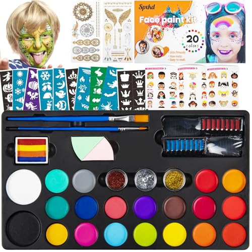 Face Painting Kit for Kids 20 Water Based Non-Toxic Sensitive Skin Paints 100 Stencils 3 Glitters 2 Hair Chalks Combs 2 Tattoos Sheets Face Painting Book Safe Professional Face Paint Kit For Kids - color: multi colors