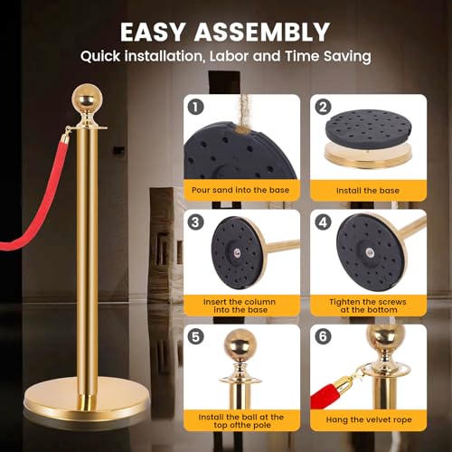 6-Pack Stainless Steel Stanchions and Velvet Ropes (4 Red 5ft), Sand-Filled Crowd Control Barriers for Weddings, Exhibitions, Events(Gold) - color: Gold, size: 6-Pack