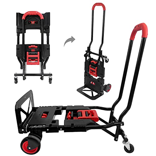 Folding Hand Truck, Portable Dolly Cart with Rubber Wheels and Retractable Handle, 2 in 1 Design 330lbs Capacity Hand Cart Foldable for Transportation/Luggage/Mobile/Travel/Office Use - color: Red