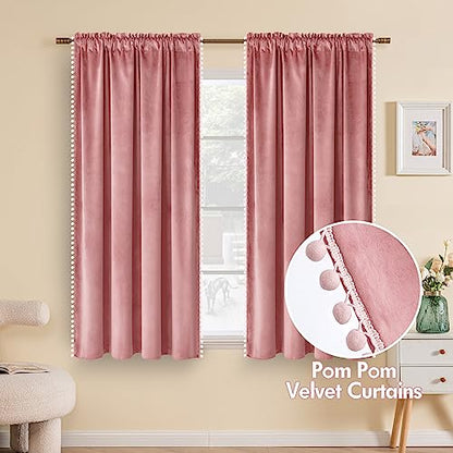 MIULEE Blush Pink Pom Pom Velvet Blackout Curtains, W52 x L63, Set of 2 | Rod Pocket Curtains,Thermal Insulating,Blackout Curtains for Bedroom/Home Theater/Living Room Darkening - color: Blush Pink, size: 52"W x 63"L (Pack of 2)
