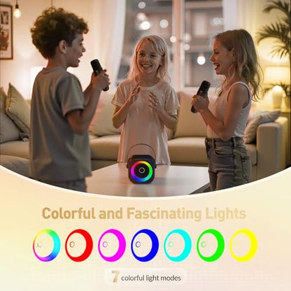 Mini Karaoke Machine for Kids Adults：Portable Bluetooth Karaoke Speaker with 2 Wireless Microphones and Lights for Home Party, Christmas Birthday Gifts for 4-12+ Years Old Girls Boys（Dark） | 360° Surround Sound,5 Voice Effects,Bluetooth 5.0,LED Lights, TF