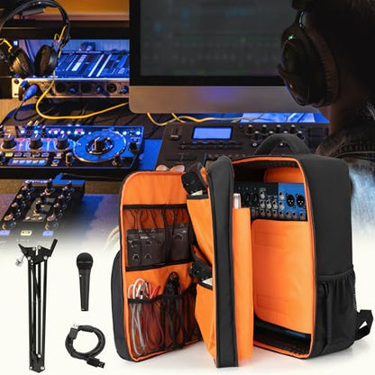PGmoon DJ Mixer Case Compatible with Mackie ProFX8v2/Yamaha MG10XU | Compatible with Behringer Q1202USB/TC-Helicon GoXLR and More Mixers, Audio Mixer Backpack with Multi-Pockets for Equipment