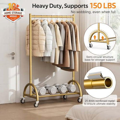 MISSLO Heavy Duty Clothing Rack with Wheels Rolling Clothes Racks for Hanging Clothes, Coats, Garment, Dress, Gold, 30" W - color: Gold, size: 30"W x 14.8"D x 66"H (Small)