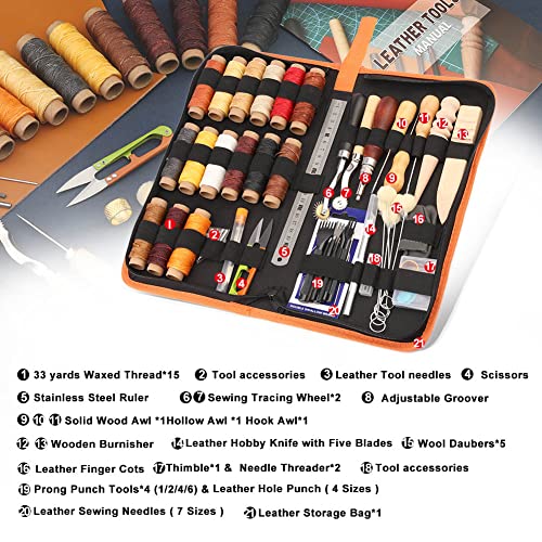 BUTUZE Leather Working Tools, Practical Leather Craft Kit with Waxed Thread Groover Awl Stitching Punch Hole for Leathercraft Beginner or Adults Gifts - size: 66 Pcs