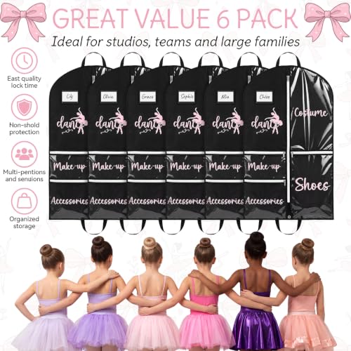 6 Pack Dance Garment Bag 40 Inch Hanging Dance Dress Bag with Clear PVC Pockets Costume Storage Bags Foldable Travel Garment Cover for Girls Ballet Recital Competition Daily Storage