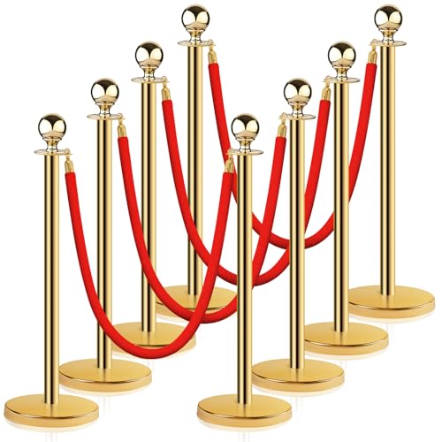 Stainless Steel Stanchion Post Queue 5 ft Red Velvet Rope Red Carpet Ropes and Poles Crowd Control Barriers Sand Injection Hollow Base and Velvet Ropes Set for Party Supplies (8 Pieces, Gold) - color: Gold-8PCS
