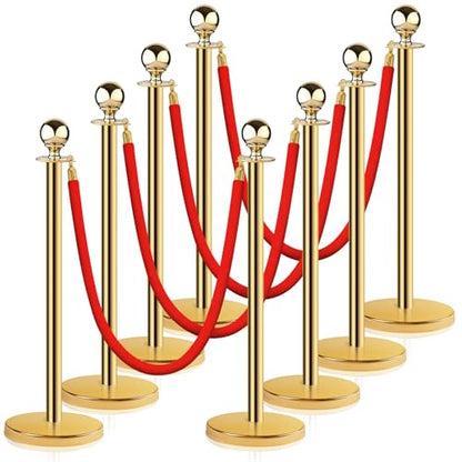 Stainless Steel Stanchion Post Queue 5 ft Red Velvet Rope Red Carpet Ropes and Poles Crowd Control Barriers Sand Injection Hollow Base and Velvet Ropes Set for Party Supplies (8 Pieces, Gold) - color: Gold-8PCS