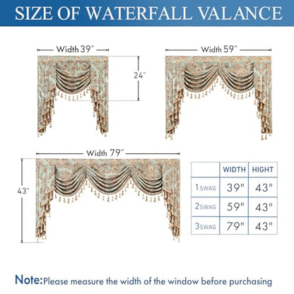 Leeva Blue Damask Waterfall Valance 39x45, Luxury European Jacquard Window Treatment with Tassels, Rod Pocket Swag Curtain Topper for Living Room Bedroom - color: *Blue, size: 39"W x 45"L (Pack of 1)