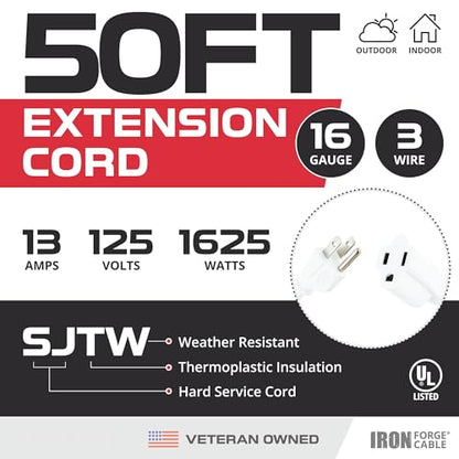 Iron Forge Cable 16 Gauge Heavy Duty White Extension Cord, 50 Ft - SJTW | 16/3 SJTW Cable, 3 Prong Grounded Plug, 13 Amp - For Landscaping, Leaf Blowers, Lights, Appliances - size: 50 Foot