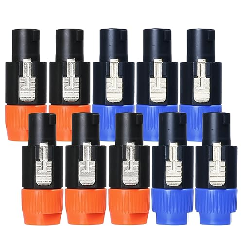 HBU 10 PCS Speakon Connectors (5pcs Blue & 5pcs Orange Plugs) - Pack of 10 Speak-On 4 Pole Connector with Twist Lock - Compatible NL4FC, NL4FX, NLT4X, NL2FC, NL2FX Adapter - size: 5pks Blue & 5pks Orange