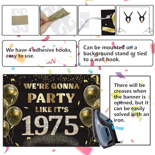 We’re Gonna Party Like It’s 1975 Birthday Banner Backdrop Cheer to 51st Birthday Party Supplies for Men Women Photography Decorations Black and Gold Glitter Favors - size: 1975