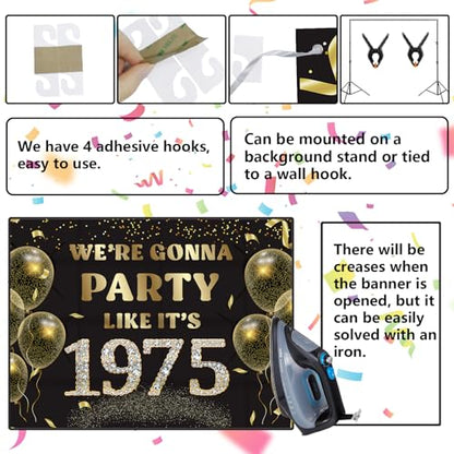 We’re Gonna Party Like It’s 1975 Birthday Banner Backdrop Cheer to 51st Birthday Party Supplies for Men Women Photography Decorations Black and Gold Glitter Favors - size: 1975