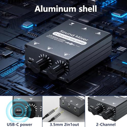 2 Channel Stereo Audio Mixer - 3.5mm Mini Mixers Audio with Dual Volume Control Knobs, Aluminum Shell, 2 in 1 Out Small Audio Switch for PC Headphone Speaker Monitor Projector Live Streaming