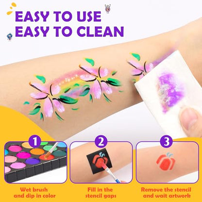 Face Painting Kit for Kids, 24 Colors Water Based Non-Toxic Face Paint with Stencils & Brushes, Professional Body Makeup Set for Halloween, Birthday, Parties with Guide Book Art and Craft Art Supplies