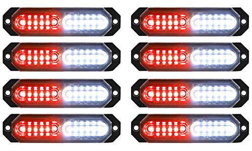 ASPL 8pcs Sync Feature Ultra Slim 12-LED Surface Mount Flashing Strobe Lights for Truck Car Vehicle LED Mini Grille Light Head Emergency Beacon Hazard Warning Lights (Red/White) - color: Red/White, size: 4.41L x 0.44W x 1.14H Inch