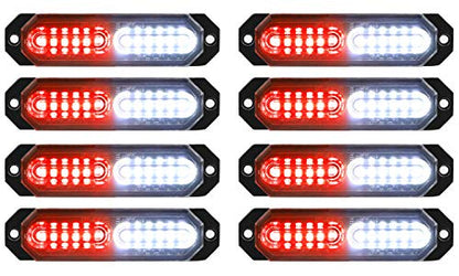 ASPL 8pcs Sync Feature Ultra Slim 12-LED Surface Mount Flashing Strobe Lights for Truck Car Vehicle LED Mini Grille Light Head Emergency Beacon Hazard Warning Lights (Red/White) - color: Red/White, size: 4.41L x 0.44W x 1.14H Inch