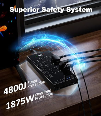 Surge Protector Power Strip 4800J, LeZone 10Ft Long Extension Cord Flat Plug, 20 Outlets 4 USB-A 4 USB-C Ports, Wall Mountable, Home Office Dorm Essentials, Black - size: 10FT, style: 20AC+8USB(1-Side)