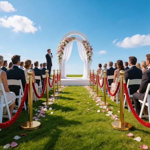 4 Pcs Modular Crowd Control Stanchion, Set with 5 Pcs 5 ft Red Velvet Ropes, Stainless Steel Crowd Control Barriers, Heavy-Duty Fillable Base, Splicing Style Stanchion Rope Divider (4 / Golden） - color: Golden
