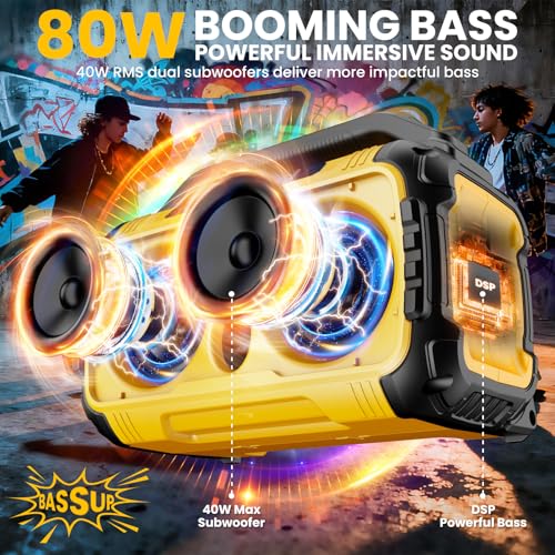 Cordless Bluetooth Speaker for DeWalt 20V Max Batteries, 80W Portable Jobsite Stereo Speaker with Dual Speakers and USB Port, Suitable for Camping, Home, Jobsite and Parties(No Battery/Charger)