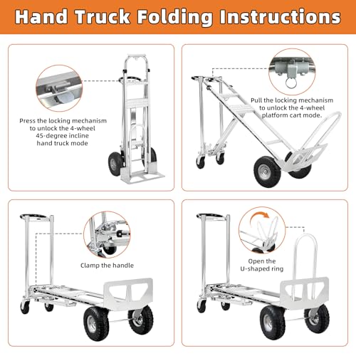 Aluminum 4 in 1 Convertible Hand Truck Dolly, 1000Lbs Capacity, Heavy Duty Folding Hand Truck Dolly Cart with Wheels 10" All-Terrain Tires, Hand Trucks for Logistics, Home, Office, School, Silver - color: Silver