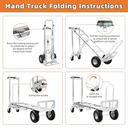Aluminum 4 in 1 Convertible Hand Truck Dolly, 1000Lbs Capacity, Heavy Duty Folding Hand Truck Dolly Cart with Wheels 10" All-Terrain Tires, Hand Trucks for Logistics, Home, Office, School, Silver - color: Silver