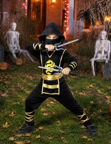 Kids Ninja Costume - Dragon Ninja Set for Halloween Boys Girls Cosplay | Ninja Kids Costume, Ninja Outfit Set for Kids, Plastic Toy Accessories, Theme Party Costumes, Theater plays, Role-playing - size: Large (6 - 7 yrs)
